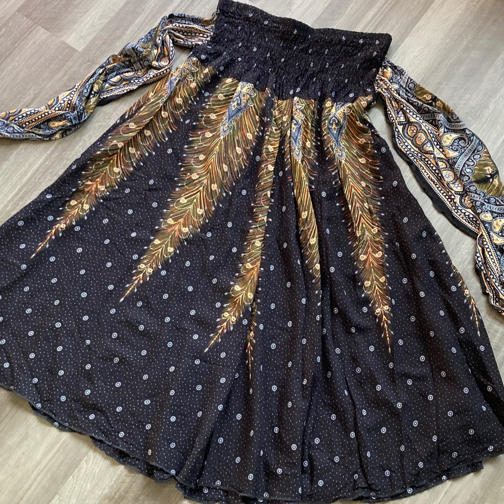 Happy Trunks Smocked Peacock Feather Self Tie Maxi Skirt Boho Global sz 3XL - Picture 5 of 8